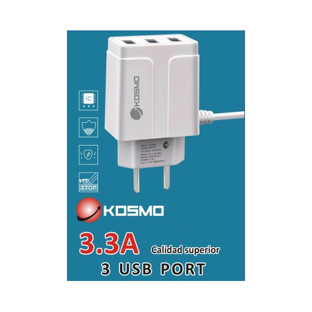 CARGADOR RAPIDO TIPO C KOSMOS  CAJA 3USB+CABLE